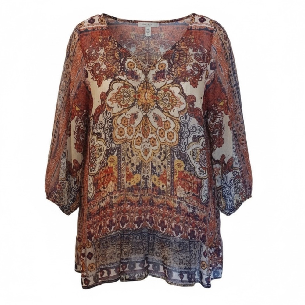 Style & Co Bohemian Floral Print Women's Top Orange Cream Size 1X